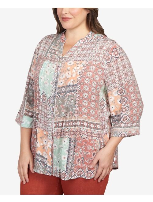 RUBY RD. Plus Size Paisley Patchwork Print Button Front Top