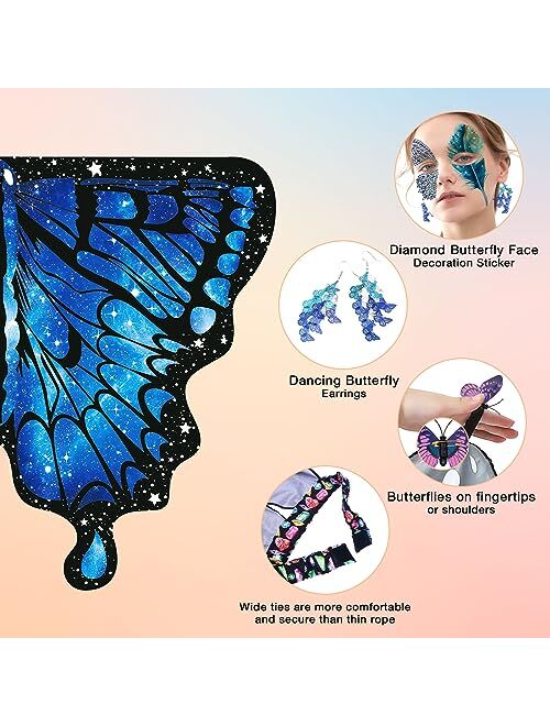 YOLAAH Butterfly Wings Costume for Women Girls, Halloween Fairy Wings Cape for Adult with Butterfly Diamond face Stickers