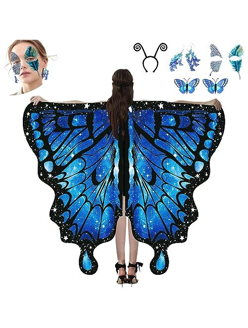 YOLAAH Butterfly Wings Costume for Women Girls, Halloween Fairy Wings Cape for Adult with Butterfly Diamond face Stickers