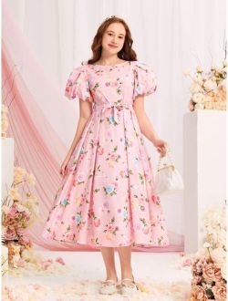 Teen Girls Floral Print Puff Sleeve Belted Dress
