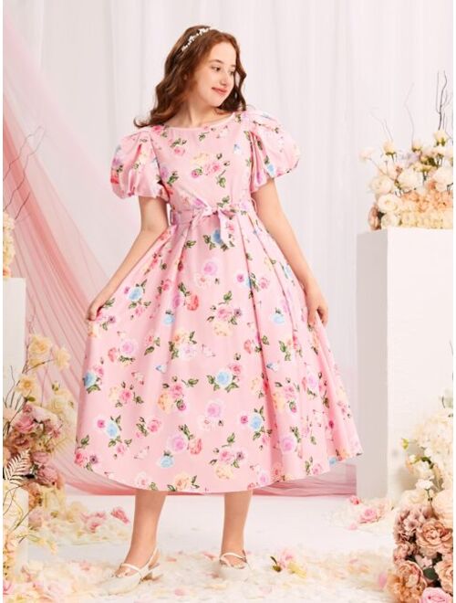 SHEIN Teen Girls Floral Print Puff Sleeve Belted Dress