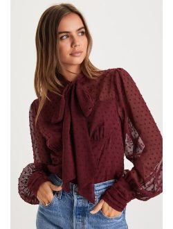 Sophisticated Fashion Burgundy Swiss Dot Tie-Neck Top