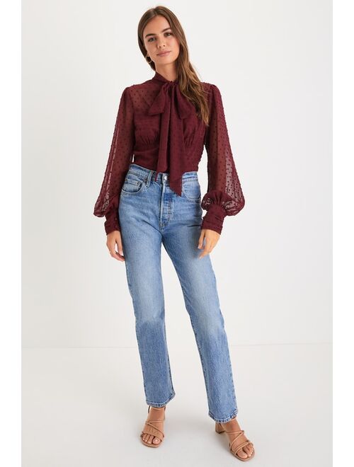 Lulus Sophisticated Fashion Burgundy Swiss Dot Tie-Neck Top