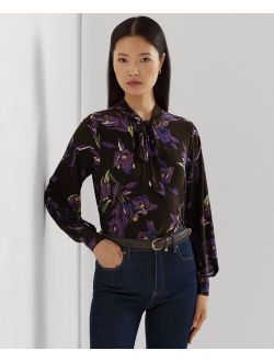 LAUREN RALPH LAUREN Women's Floral Stretch Jersey Tie-Neck Top
