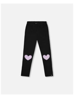 Girl Jersey Stretch Black Leggings With Faux Fur Hearts Applique - Toddler|Child