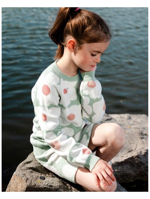 DEUX PAR DEUX Girl Jacquard Knit Sweater Sage Green With Retro Flowers - Child