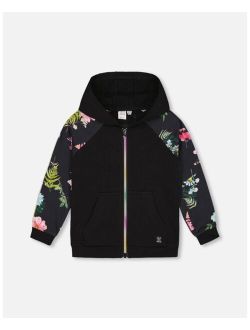 Girl Rainbow Zip French Terry Hoodie Black And Flowers Print - Toddler|Child