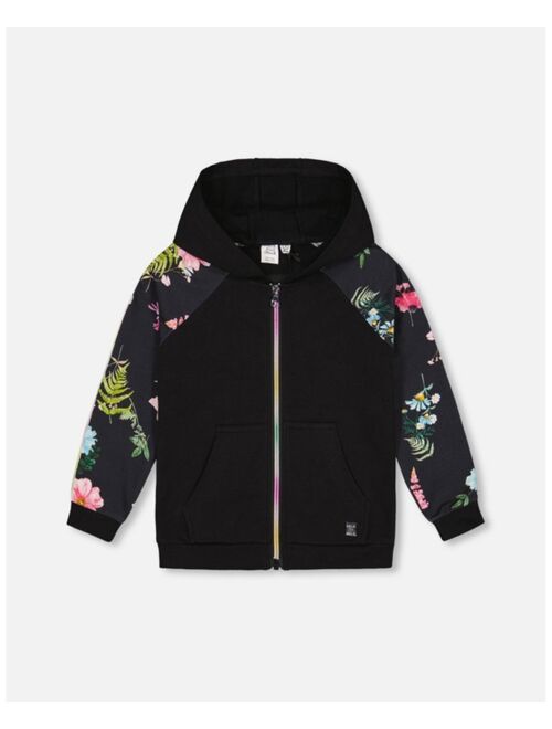 DEUX PAR DEUX Girl Rainbow Zip French Terry Hoodie Black And Flowers Print - Toddler|Child