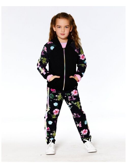 DEUX PAR DEUX Girl Rainbow Zip French Terry Hoodie Black And Flowers Print - Toddler|Child