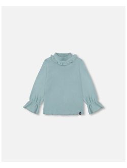 Girl Super Soft Brushed Rib Mock Neck Top With Frills Mint - Child