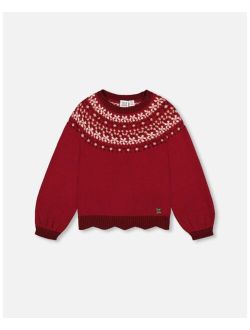 Girl Intarsia Sweater With Long Puff Sleeves Burgundy - Child