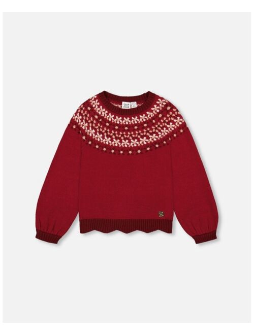 DEUX PAR DEUX Girl Intarsia Sweater With Long Puff Sleeves Burgundy - Child