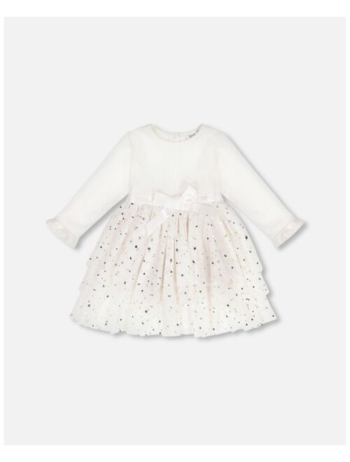 DEUX PAR DEUX Girl Bi-Material Long Sleeve Dress With Glittering Tulle Skirt Off White - Toddler|Child