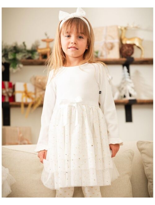 DEUX PAR DEUX Girl Bi-Material Long Sleeve Dress With Glittering Tulle Skirt Off White - Toddler|Child
