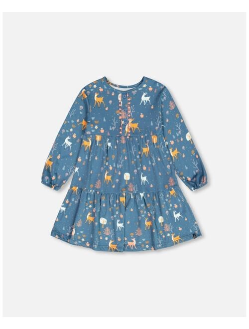 DEUX PAR DEUX Girl Brushed Jersey Long Sleeve Dress Teal Blue Fawns And Apples Print - Toddler|Child