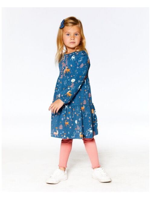 DEUX PAR DEUX Girl Brushed Jersey Long Sleeve Dress Teal Blue Fawns And Apples Print - Toddler|Child