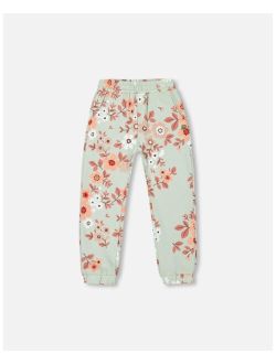 Girl Printed Fleece Sweatpants Sage Green With Flowers - Child