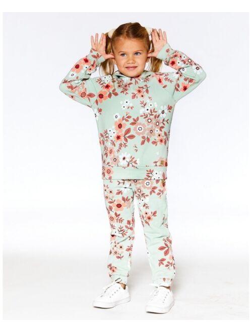 DEUX PAR DEUX Girl Printed Fleece Sweatpants Sage Green With Flowers - Child