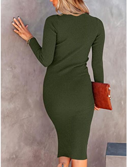 WONETA Women's Sweater Dress 2023 Fall Long Sleeve Mock Neck Ribbed Knit Slim Fit Slit Midi Bodycon Dresses