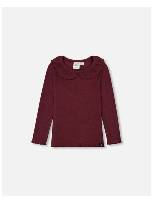 DEUX PAR DEUX Girl Super Soft Rib Top With Flounce Collar Burgundy - Child