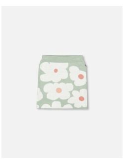 Girl Jacquard Knit Skirt Sage Green With Retro Flowers - Child