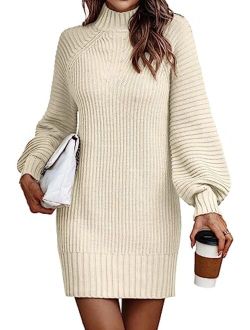 LILLUSORY Women's Mock Neck Pullover Sweater Dress Lantern Sleeve Ribbed Knit Tunic Sweater