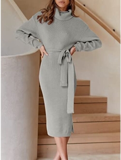 Women's Turtleneck Long Batwing Sleeve Chunky Knit Slit Slim Bodycon Tie Waist Pullover Midi Sweater Dress