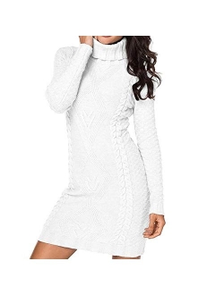 Koinshha Women's Sweater Dress Cable Knit Slim Fit Warm Turtleneck Sweater Dress