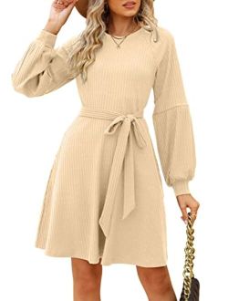 SHERRYRISE Women's Long Sleeve Crew Neck Ribbed Knit High Waist Sweater Dress with Pockets