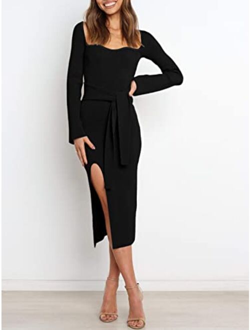 Prinbara Women's Sweater Dress 2023 Fall Long Sleeve Sweetheart Neck Tie Waist Slim Knit Midi Bodycon Dresses