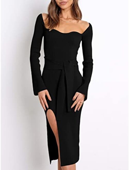 Prinbara Women's Sweater Dress 2023 Fall Long Sleeve Sweetheart Neck Tie Waist Slim Knit Midi Bodycon Dresses