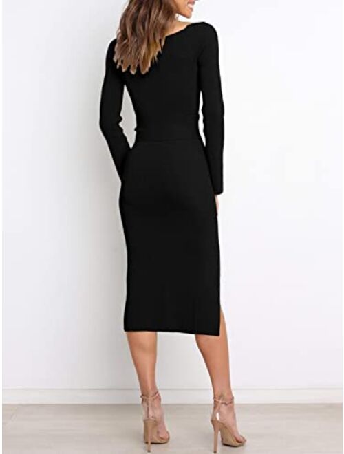 Prinbara Women's Sweater Dress 2023 Fall Long Sleeve Sweetheart Neck Tie Waist Slim Knit Midi Bodycon Dresses