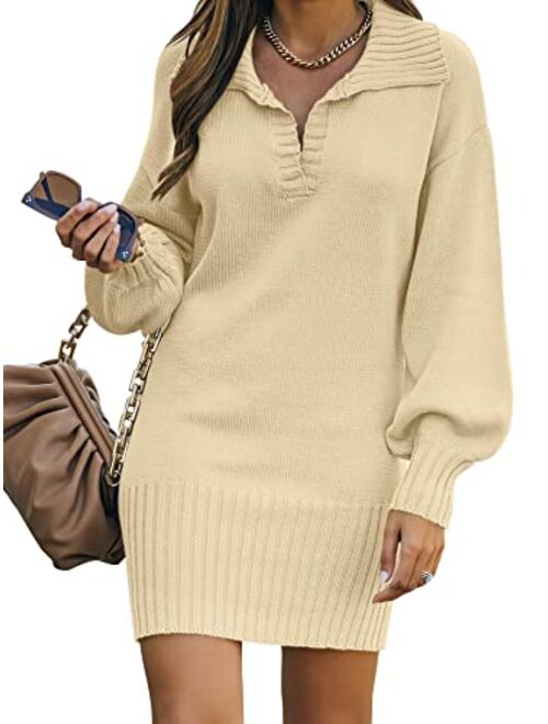 ANRABESS Women Casual V Neck Knit Mini Sweater Dresses Long Sleeve Oversized Loose Fit Ribbed Hem Pullover Jumper Sweaters