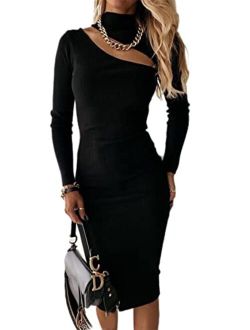Glamaker Women's Sexy Long Sleeve Ribbed Sweater Dress Bodycon Midi Long Sweater Dresses