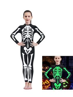 RAISEVERN Boys Girls Halloween Cosplay Jumpsuit Bodysuit 3D Graphic Skull Skeleton Bone Catsuit for Kids 7-14 Years