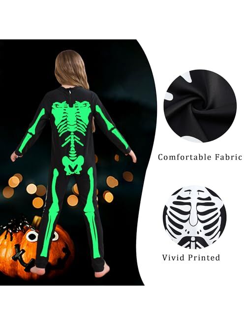 RAISEVERN Boys Girls Halloween Cosplay Jumpsuit Bodysuit 3D Graphic Skull Skeleton Bone Catsuit for Kids 7-14 Years