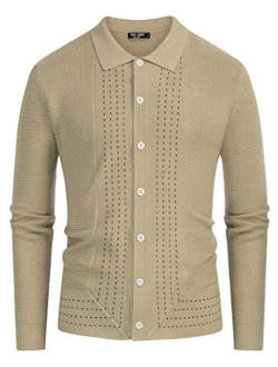 Mens Long Sleeve Button Down Knitted Cardigan Sweaters Stripe Polo Shirts