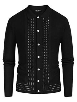 Mens Long Sleeve Button Down Knitted Cardigan Sweaters Stripe Polo Shirts