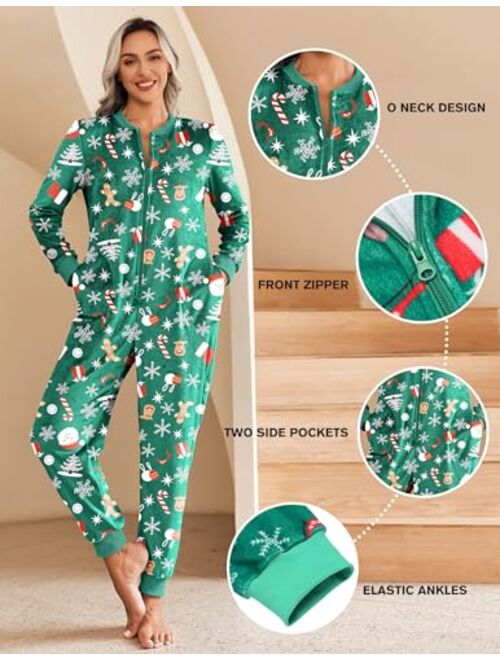 Ekouaer Women One Piece Pajamas Set Fleece Onesie Sleepwear Zipper Jumpsuit with Pocket