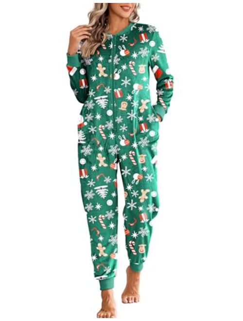 Ekouaer Women One Piece Pajamas Set Fleece Onesie Sleepwear Zipper Jumpsuit with Pocket