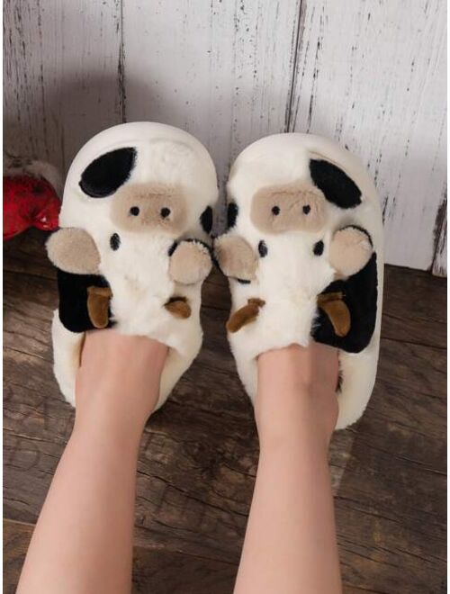 Shein Cartoon Big Nose Bull Warm Indoor Slippers For Boys And Girls, Winter Cute Comfortable Anti-slip Bedroom Flip-flops With Plush Lining, Lovely Animal House Shoes