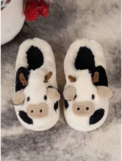 Shein Cartoon Big Nose Bull Warm Indoor Slippers For Boys And Girls, Winter Cute Comfortable Anti-slip Bedroom Flip-flops With Plush Lining, Lovely Animal House Shoes