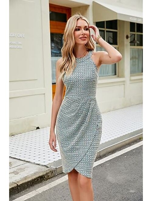 JASAMBAC Women's Tweed Dress Summer Midi Dresses 2023 Halter Neck Ruched Work Business Office Church Casual Outfits