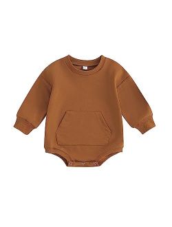 Lesimsam Newborn Baby Boy Girl Crewneck Sweatshirt Romper Oversized Onesie Solid Kangaroo Pocket Bubble Romper Fall Clothes