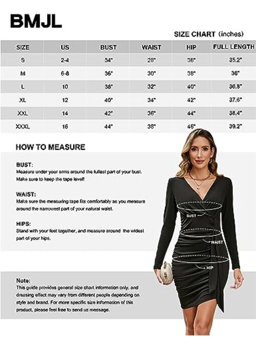 BMJL Womens Sexy Bodycon Dress 2023 Deep V Neck Long Sleeve Ruched Wrap Cocktail Party Dress