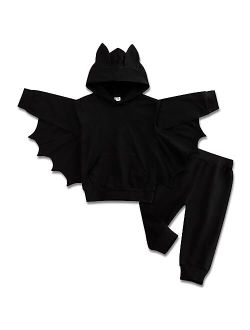 Ayzozuy Toddler Baby Boy Girl Halloween Bat Outfits Clothes Black Bat Hoodies with Pocket Coat Pant Set Fall Winter Clothes