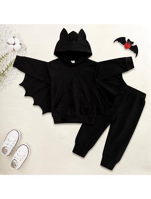 Ayzozuy Toddler Baby Boy Girl Halloween Bat Outfits Clothes Black Bat Hoodies with Pocket Coat Pant Set Fall Winter Clothes
