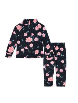 Girl Two Piece Black Thermal Underwear Set With Rose Print - Toddler|Child