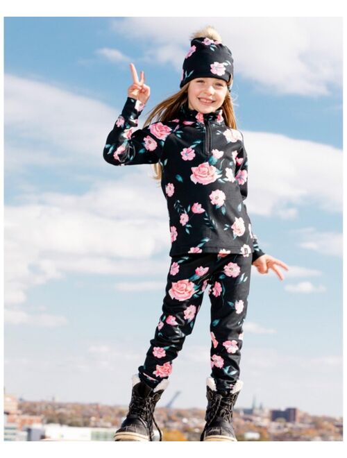 DEUX PAR DEUX Girl Two Piece Black Thermal Underwear Set With Rose Print - Toddler|Child
