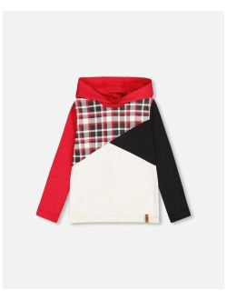 Boy Jersey Hooded T-Shirt Oatmeal Mix, Black And Red Color Block - Child